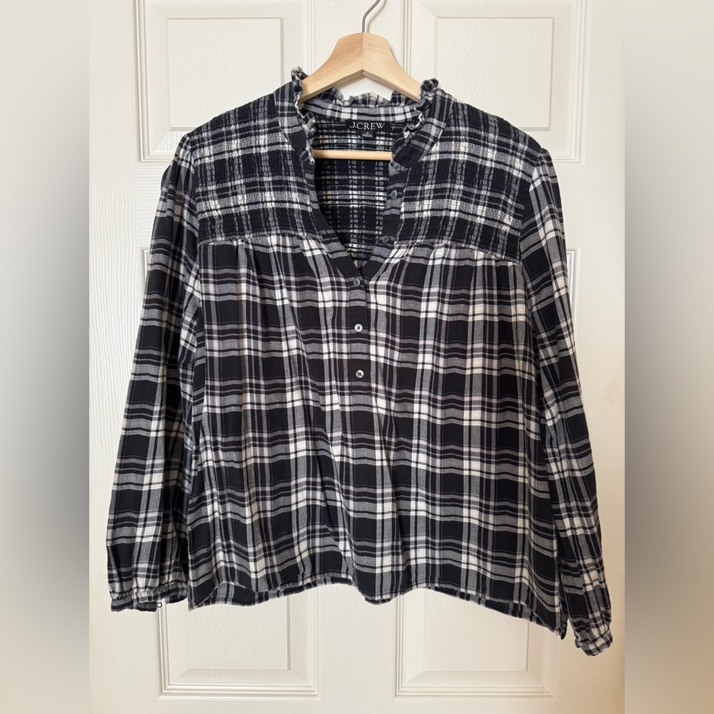 J. Crew Black and White Checkered Top with ruching